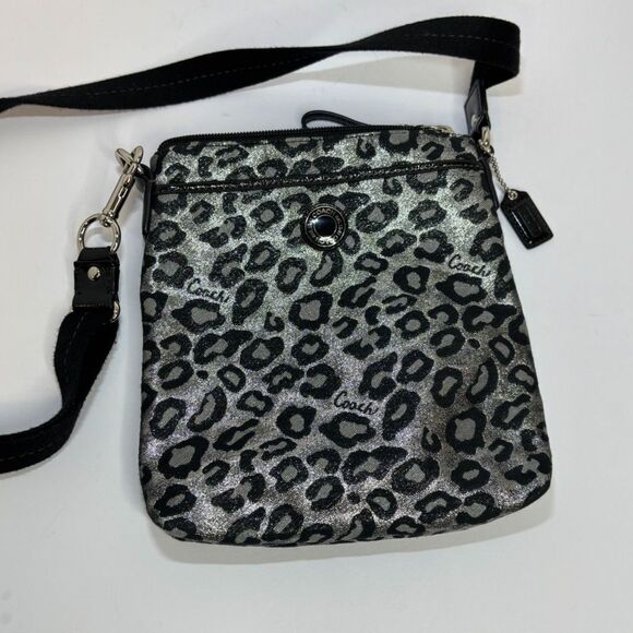 COACH Leopard Ocelot Black Silver Metallic Crossbody Handbag Purse Shoulder Bag - Picture 5 of 8